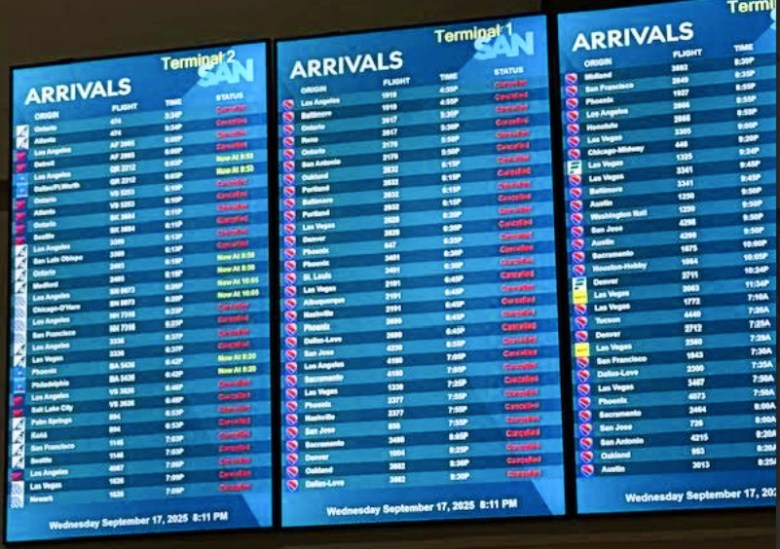 An electronic board at the airport shows a list of arriving flights all marked "canceled."