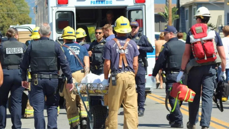 Paramedics are seen responding to one of at least 19 medical emergencies during the 2025 Deltopia weekend event in Isla Vista. April 2025. (Santa Barbara County Sheriff’s Office)