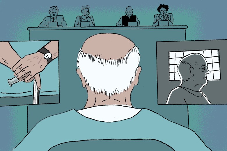 Illustration of the back of a seated elderly man wearing a light blue prison uniform facing 4 people behind a desk; there are two panels on either side of him showing a closeup of the man's hands holding onto a cane and a side profile view of the man backlit against a window