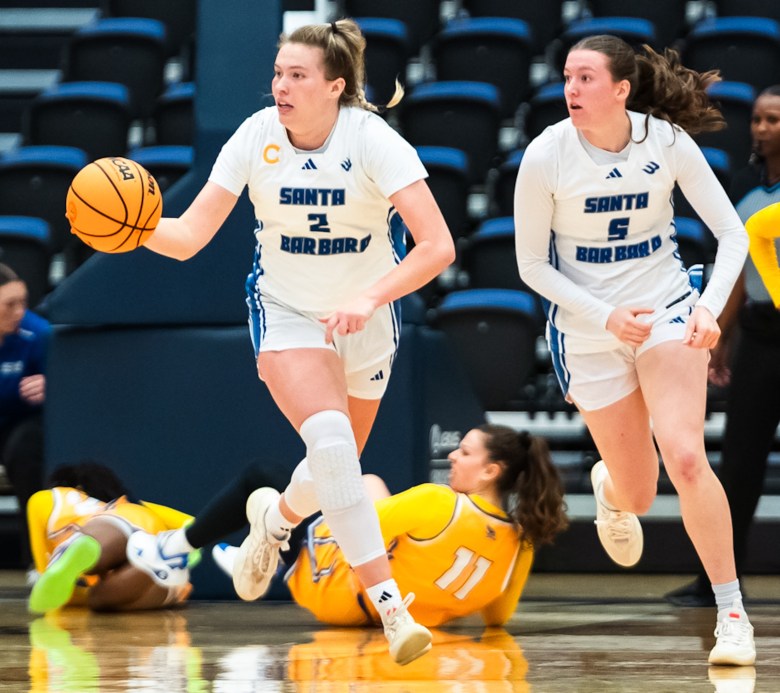 Zoe Borter (2) and Olivia Bradley (5) run a fast break during UCSB's basketball victory over Cal State Bakersfield on Thursday.