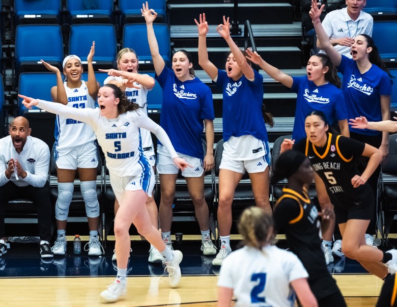 UCSB's Olivia Bradley points toward Jessica Grant after her teammate assisted her three-point basket during the opening minutes of the second half in Saturday's women's basketball game against Long Beach State.