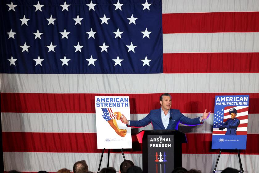 LONG BEACH, CA - JANUARY 9, 2026 - United States Secretary of Defense Pete Hegseth speaks to employees with defense/aerospace manufacturing company Rocket Lab in Long Beach on January 9, 2026. The stop was part of Hegseth's nationwide, "Arsenal of Freedom," tour, a call to action to revitalize America's manufacturing and re-energize the nation's workforce. Rocket Lab won major government contracts to build satellites, including a recent $816 million deal in late 2025 for 18 missile-tracking satellites for the Space Development Agency (SDA). (Genaro Molina/Los Angeles Times)