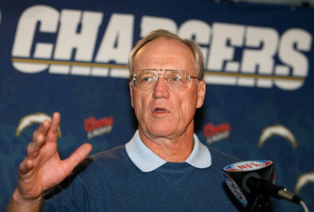 Former Chargers head coach Marty Schottenheimer, seen at a news conference in San Diego on Jan. 17, 2007, died Monday night, Feb. 8, 2021, at a hospice in Charlotte, North Carolina, at the age of 77. (AP Photo/Denis Poroy, File)
