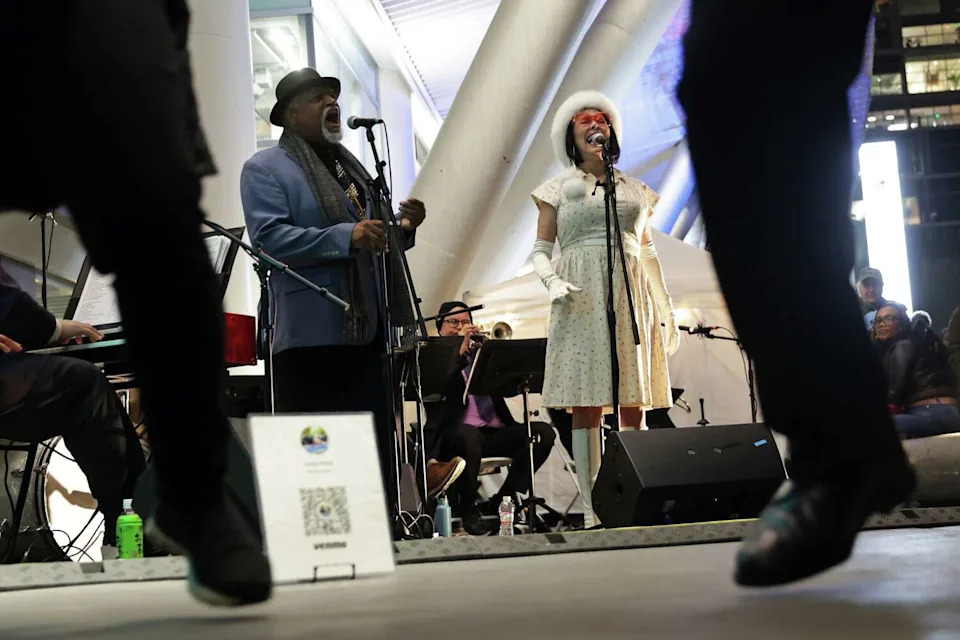 Lavay Smith & Her Red Hot Skillet Lickers featuring Danny Armstrong perform during a Downtown First Thursdays street party in San Francisco on Thursday. (Scott Strazzante/S.F. Chronicle)