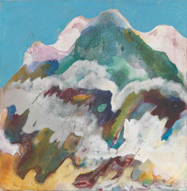 A colorful abstract painting of a mountain with patches of green, brown, and white under a blue sky.