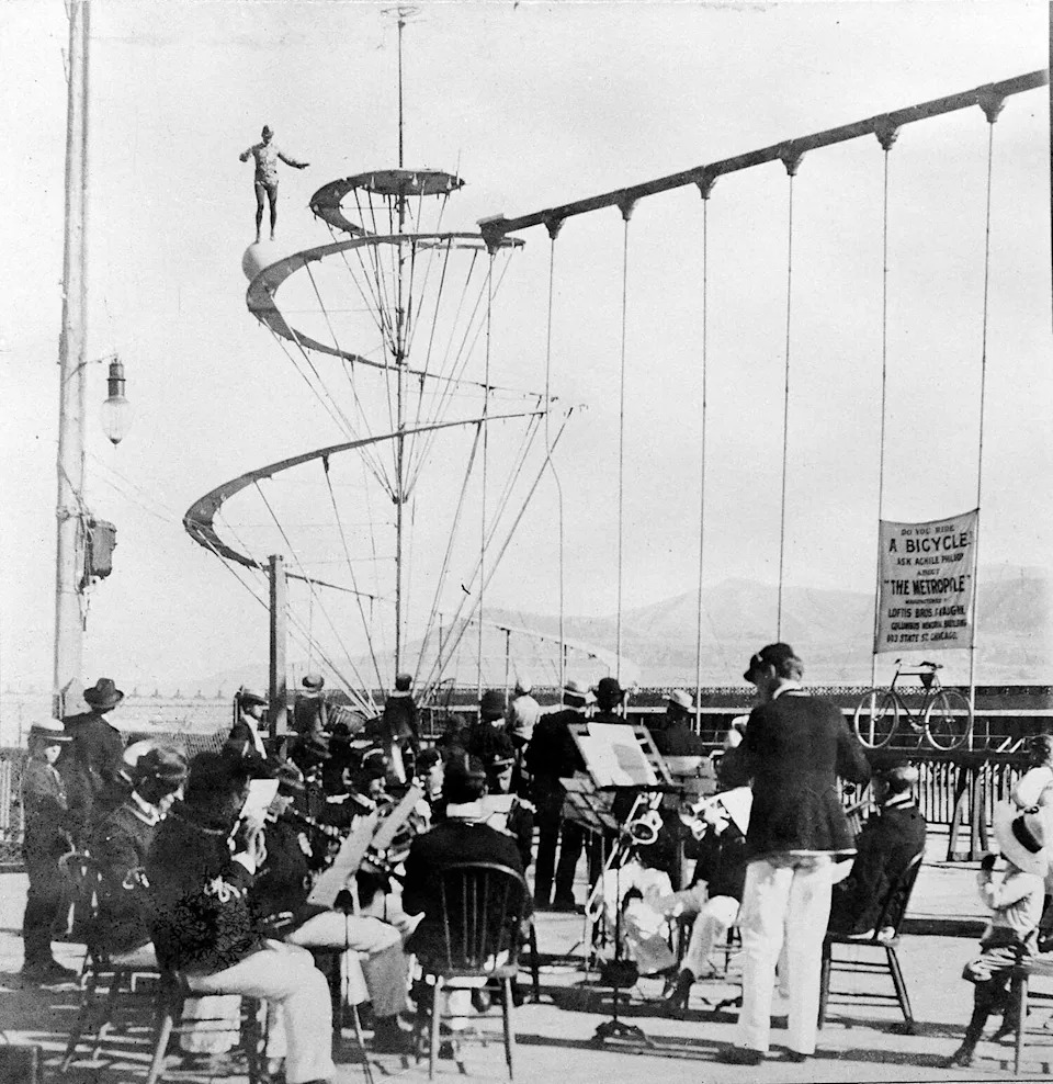 French circus performer Achille Philion balancing on a ball atop a spiral tower at the California Midwinter International Exposition in San Francisco in 1894. (Graphic House/Getty Images)