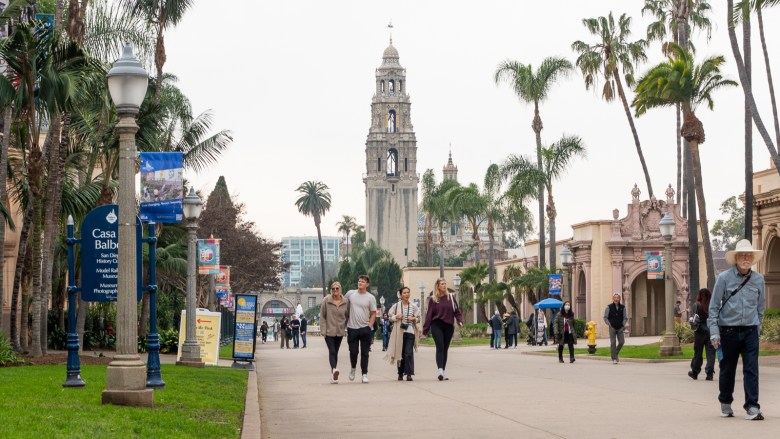 Pedestrians walk through Balboa Park, flanked by palm trees as the California Tower looms in the background.