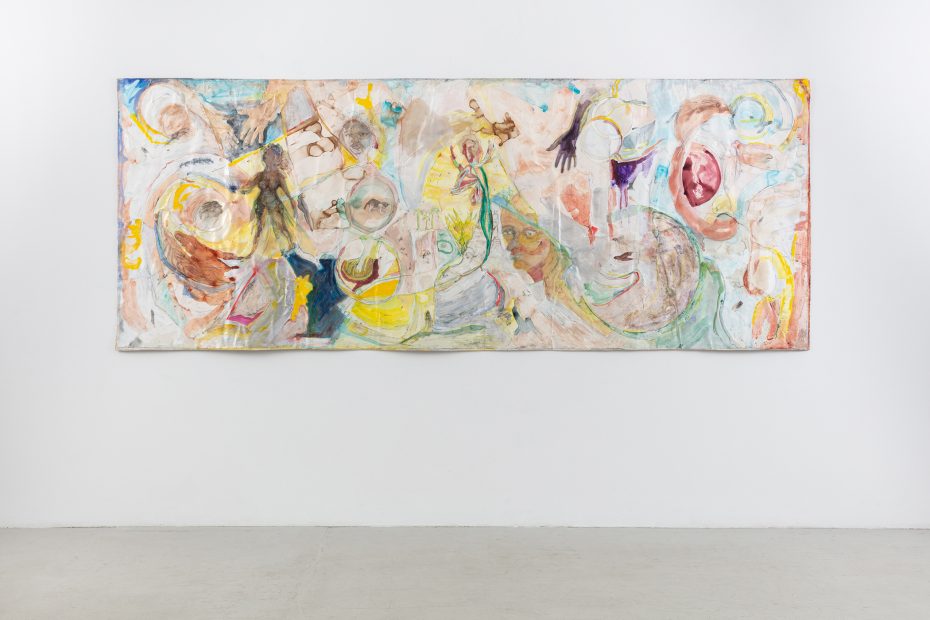 A large abstract painting with swirling pastel colors and faint outlines of human figures, mounted on a white gallery wall above a bare concrete floor.