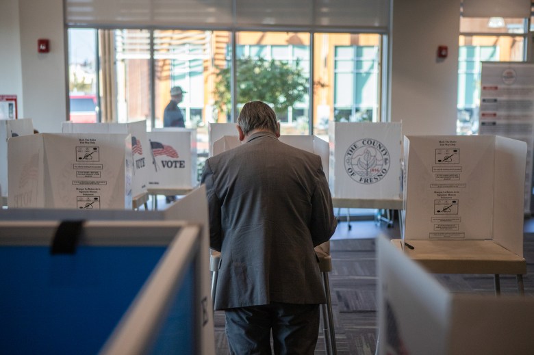 A view from behind of a person, wearing a gray suit, standing in the middle of a room filled with white voting booths as they cast their ballots.