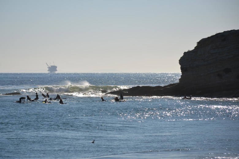 One of ExxonMobil's offshore oil platforms seen offshore Refugio State Beach. The sale to Sable Offshore Corp. happened this week and the company aims to restart operations this year. (Giana Magnoli / Noozhawk photo)