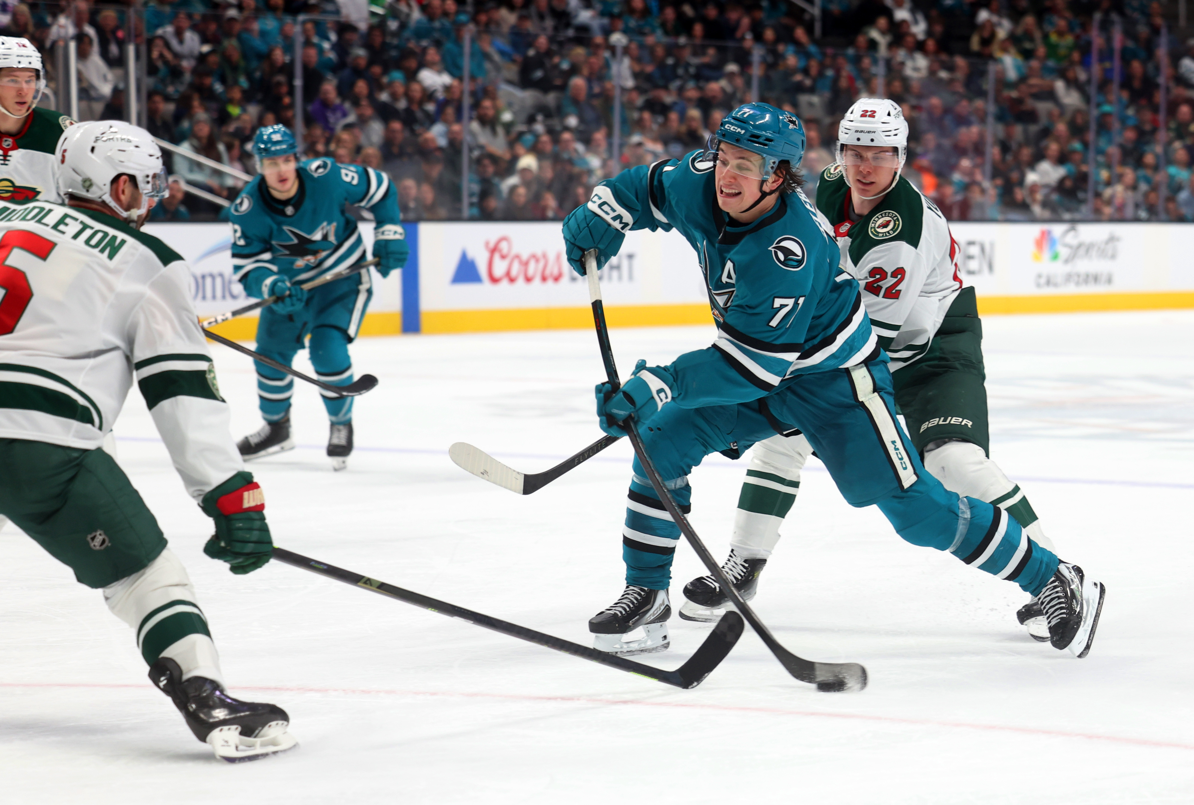 San Jose Sharks forward Macklin Celebrini (71) shoots the puck...