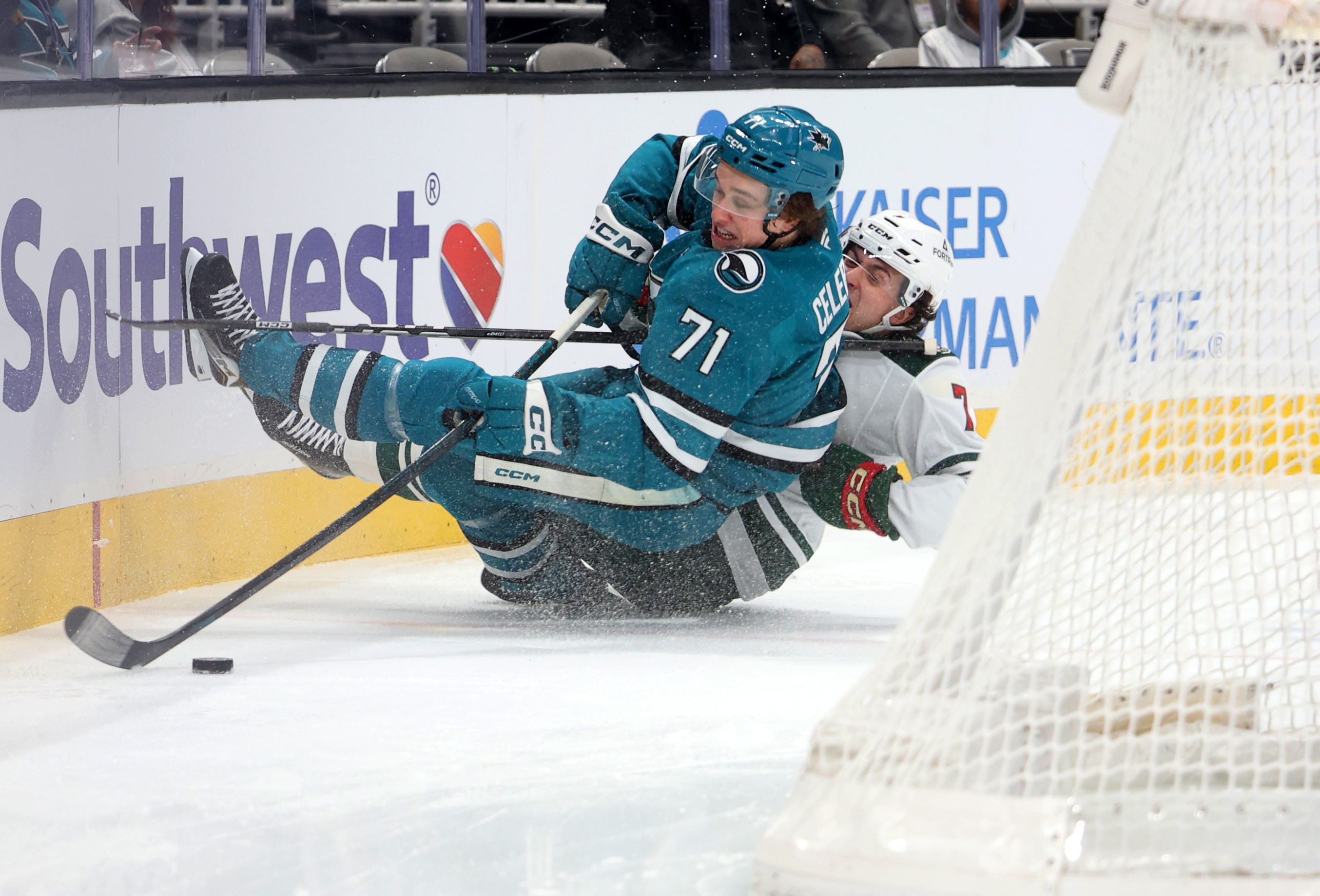 San Jose Sharks forward Macklin Celebrini (71) and Minnesota Wild...