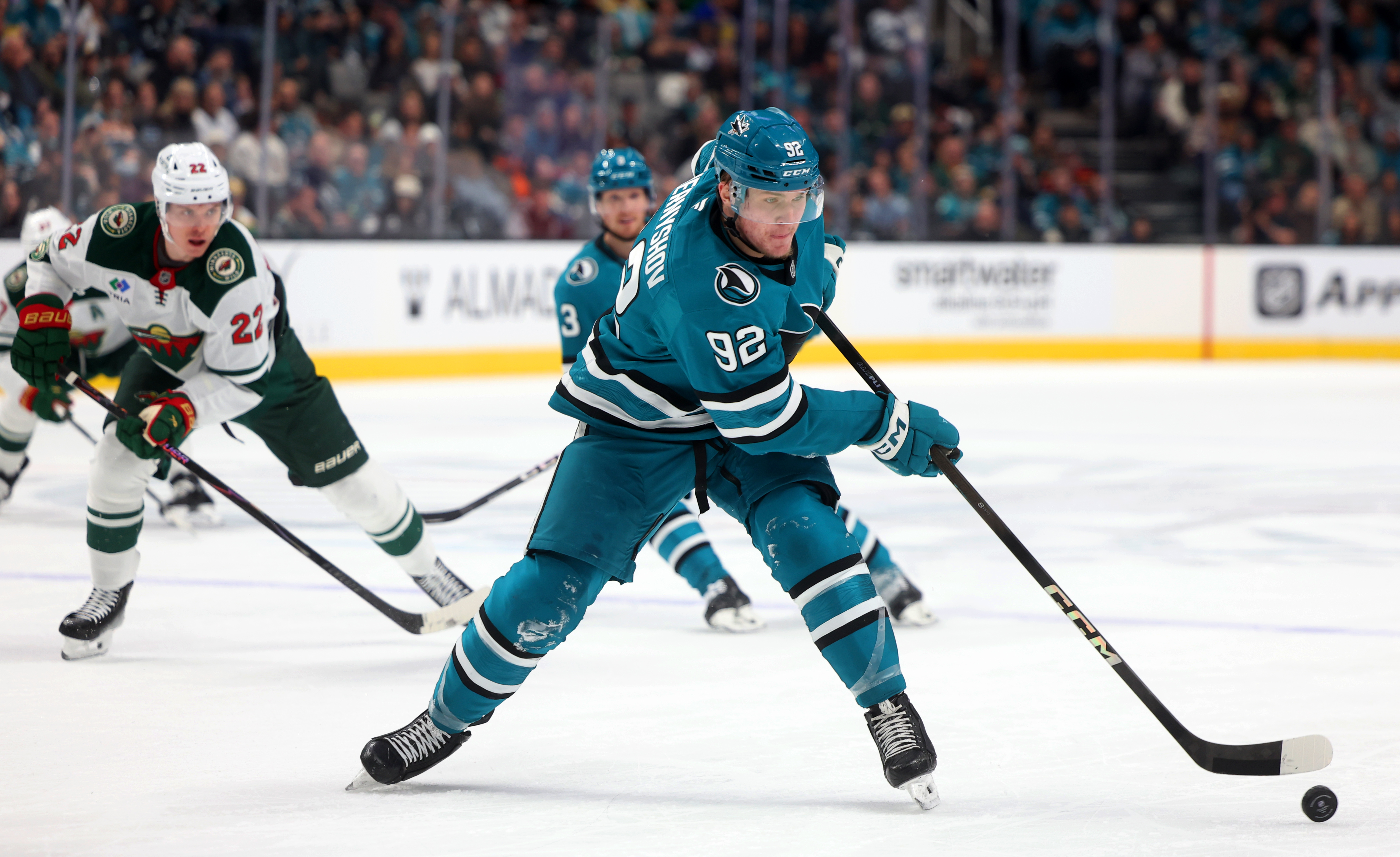 San Jose Sharks forward Igor Chernyshov (92) skate the puck...