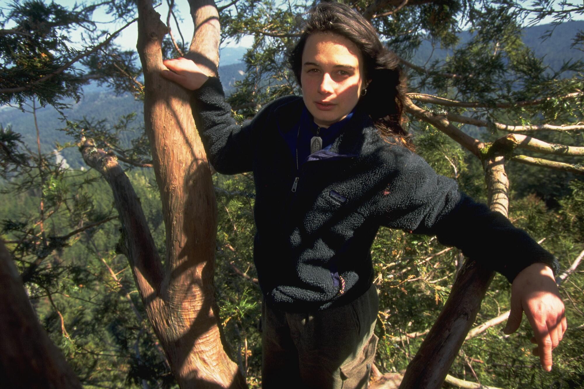 a young woman stands in a tall tree high above a forest