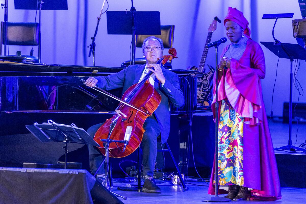 Singer Angelique Kidjo performs with cellist Yo-Yo Ma, Aug. 28, 2025, at the Hollywood Bowl.