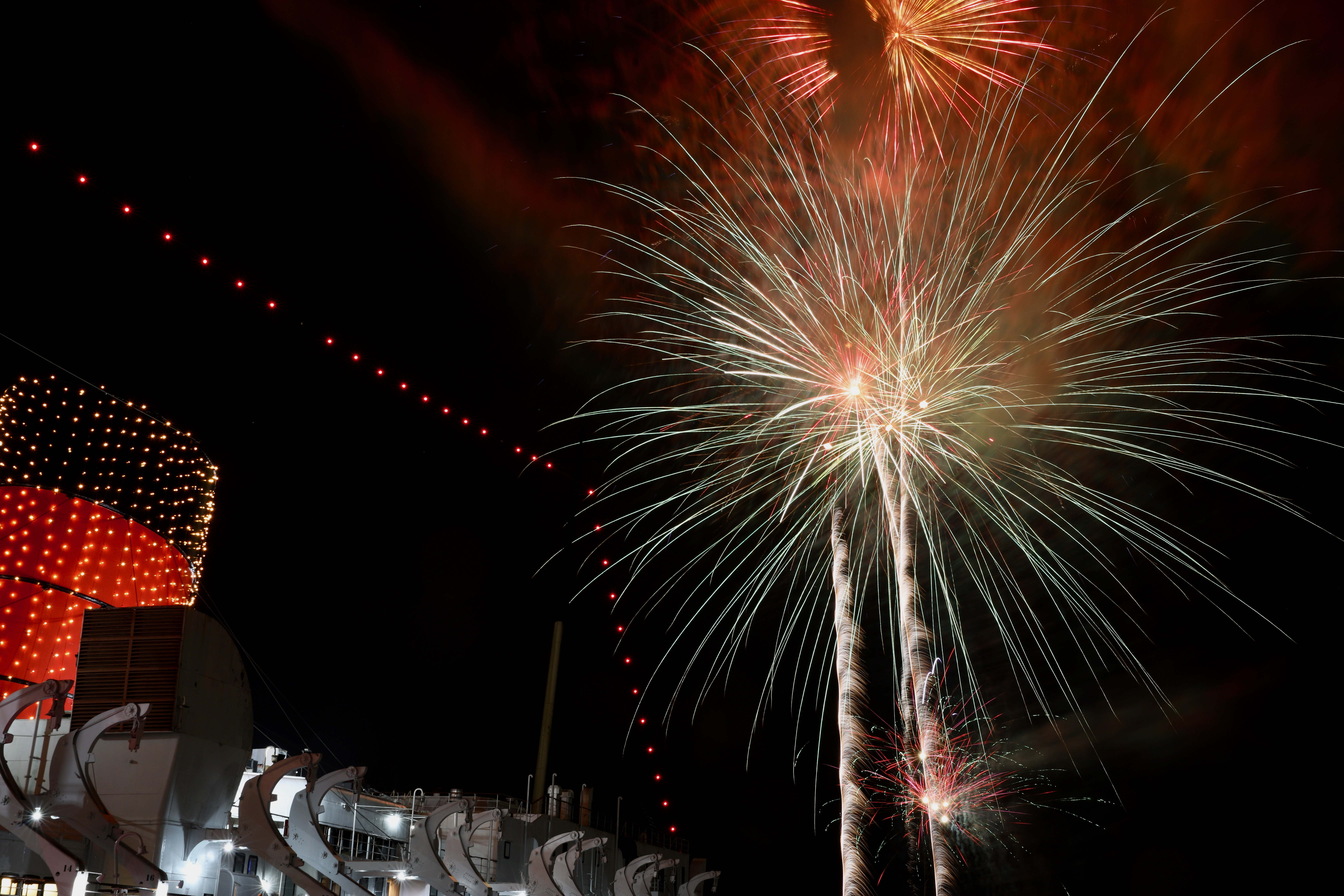 A midnight fireworks show at the Queen Mary in Long...