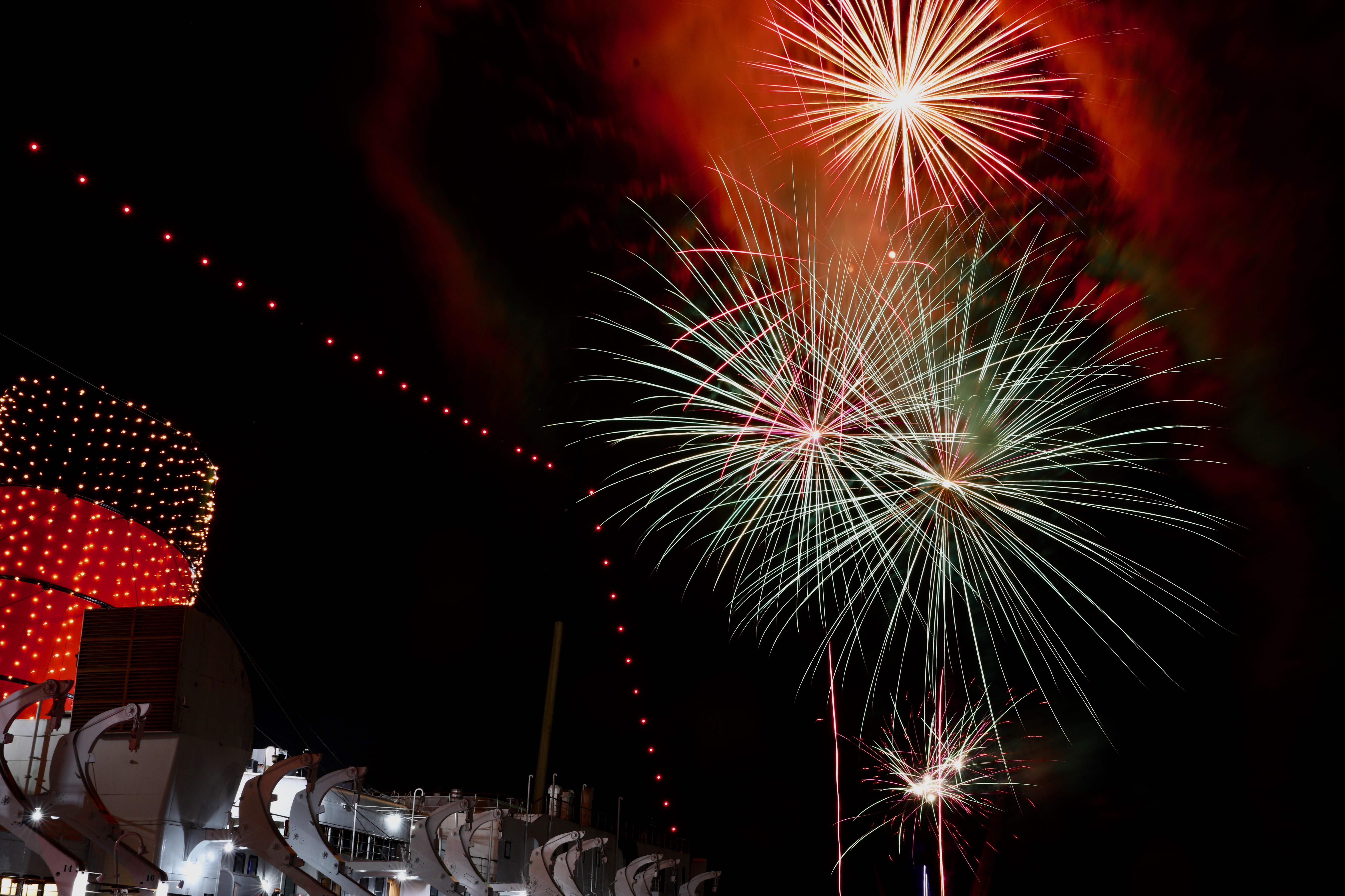 A midnight fireworks show at the Queen Mary in Long...