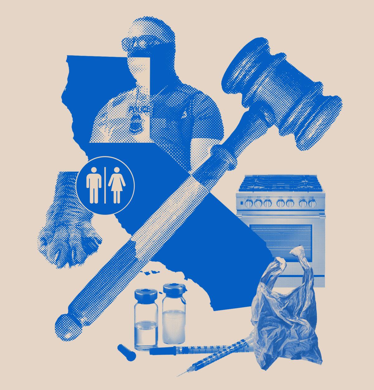 collage of photos related to CA's new laws in 2026: a stove, cat's claw, plastic bag, insulin, ICE agent wearing mask, gavel