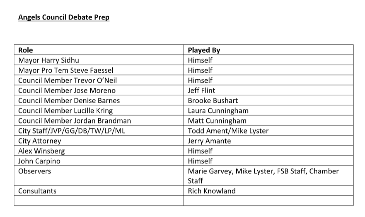 A consultant sent this list to officials invited to a prep session for public debate about whether to sell Angel Stadium.