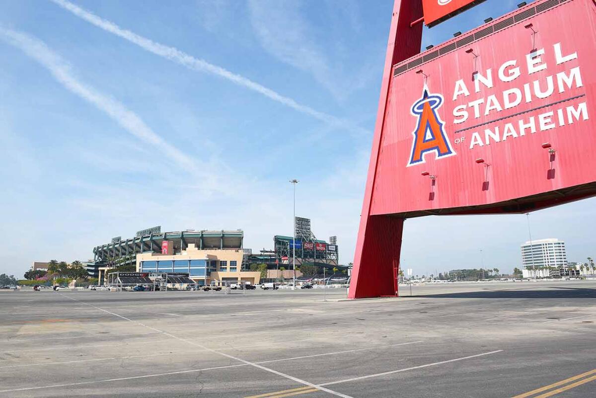 Angel Stadium and the Big A. Located in Orange County the stadium is the home of MLB's Los Angeles Angels of Anaheim.