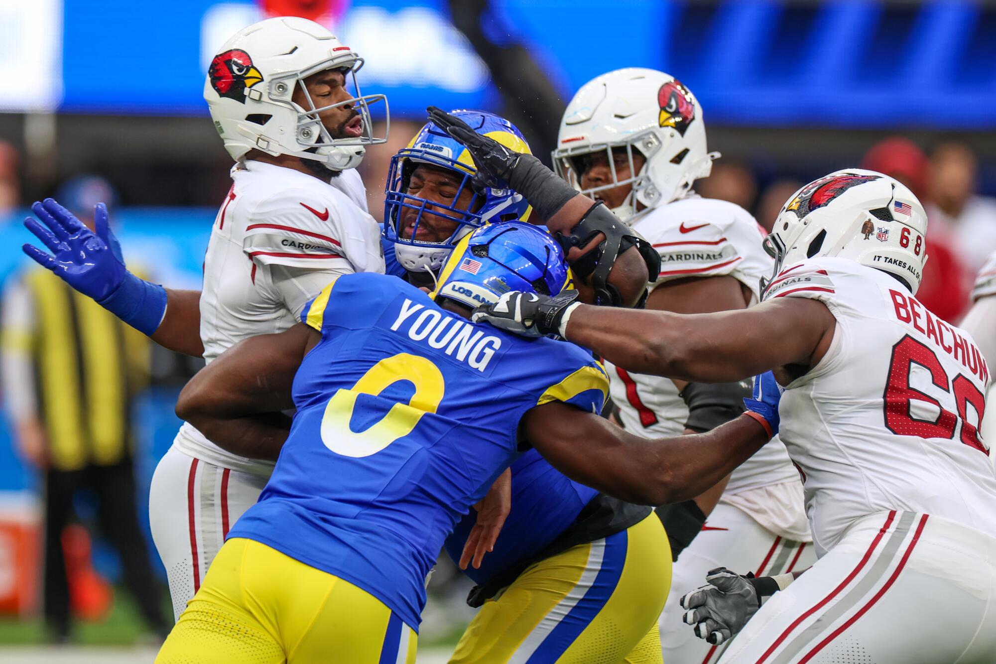 Cardinals quarterback Jacoby Brissett was sacked six times in a loss to the Rams at SoFi Stadium on Sunday.