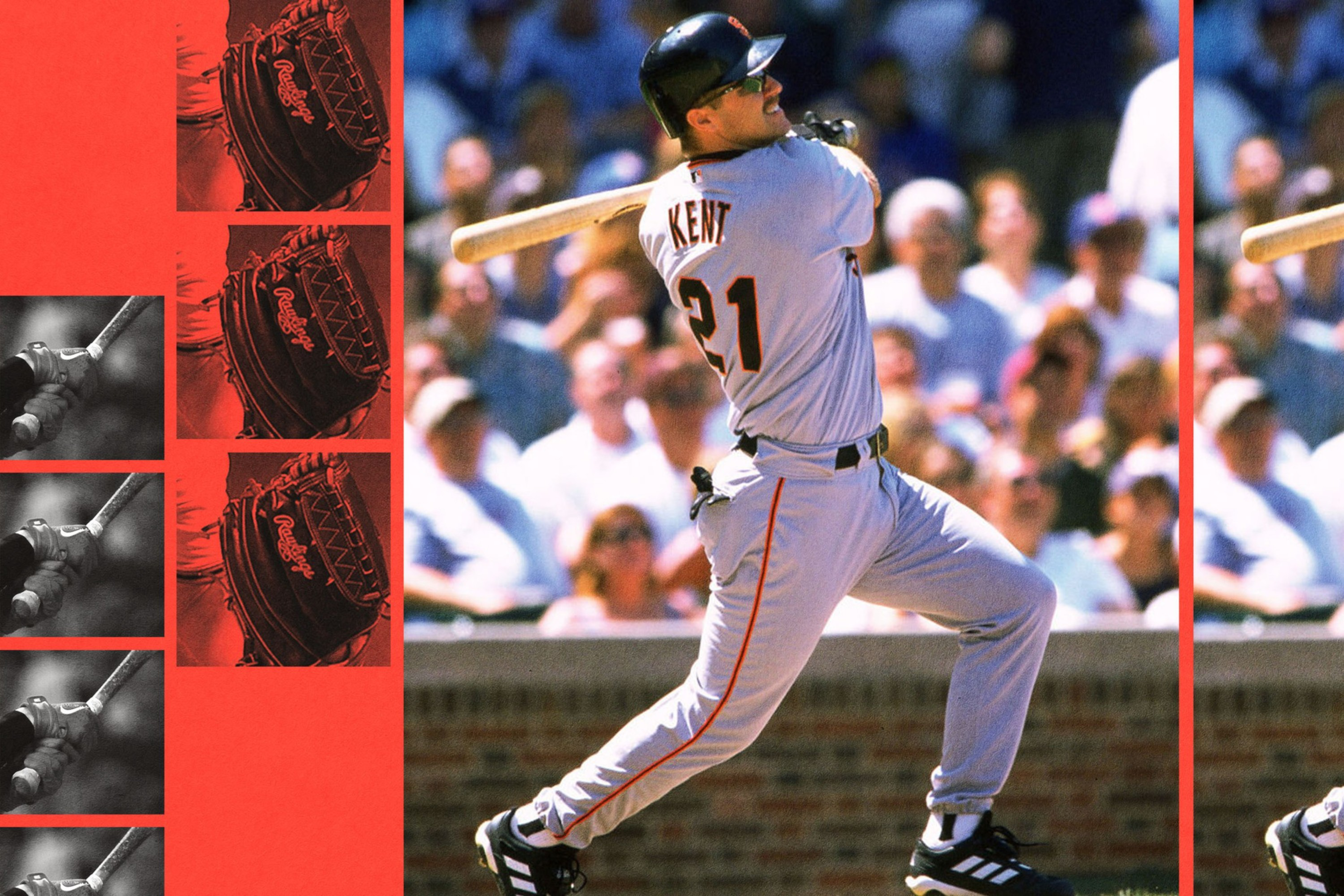 A baseball player wearing a white uniform with "Kent" and number 21 swings a bat during a game, with fans blurred in the background and red-tinted glove images on the left.