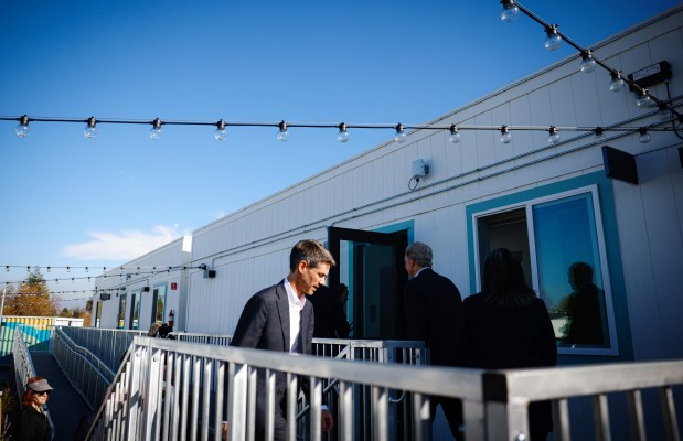 San Jose Mayor Matt Mahan gives a tour of the city's Cherry Avenue, a tiny home facility, in San Jose, Calif., on Friday, Dec. 5, 2025. (Shae Hammond/Bay Area News Group)