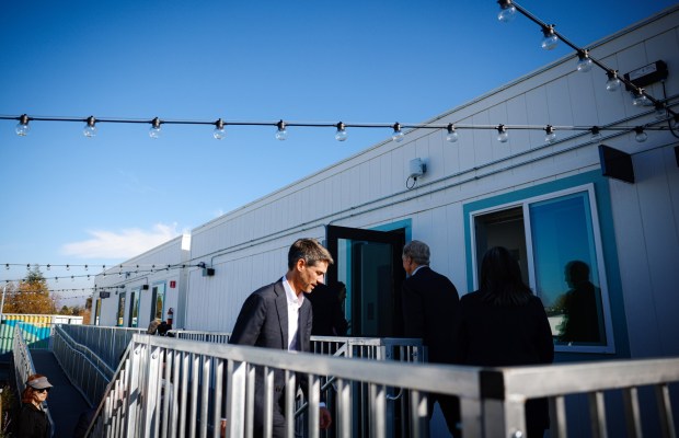 San Jose Mayor Matt Mahan gives a tour of the city's Cherry Avenue, a tiny home facility, in San Jose, Calif., on Friday, Dec. 5, 2025. (Shae Hammond/Bay Area News Group)
