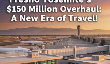 A dynamic image of fresno yosemite international airport with jet bridges, a new international arrivals facility, and passengers. Add bold text: “fresno yosemite’s 0 million overhaul: a new era of travel! ”