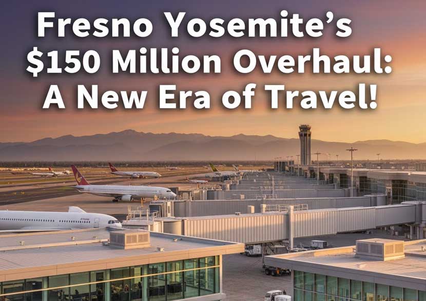 A dynamic image of fresno yosemite international airport with jet bridges, a new international arrivals facility, and passengers. Add bold text: “fresno yosemite’s 0 million overhaul: a new era of travel! ”