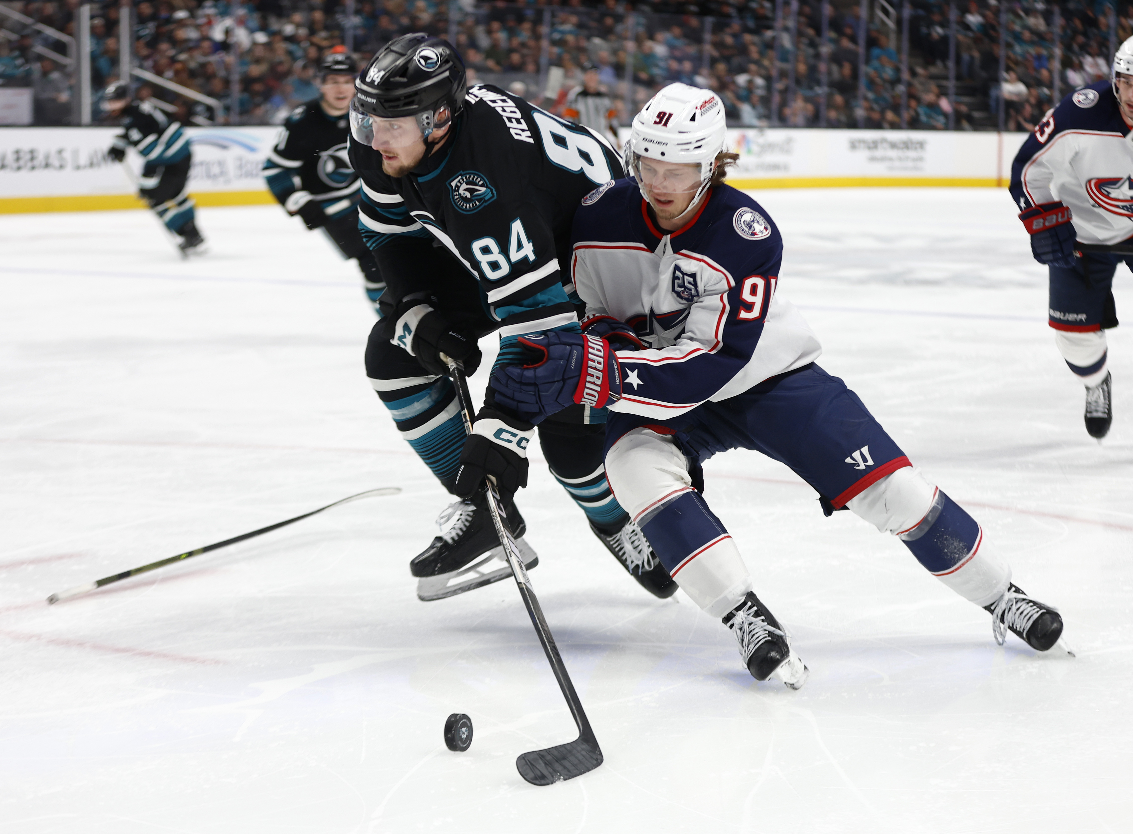San Jose Sharks’ Pavol Regenda (84) controls the puck against...