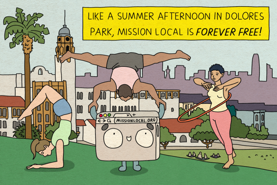 Three people do acrobatics and hula hoop in a park with city buildings and palm trees in the background. A cartoon computer screen stands with them, displaying "missionlocal.org.