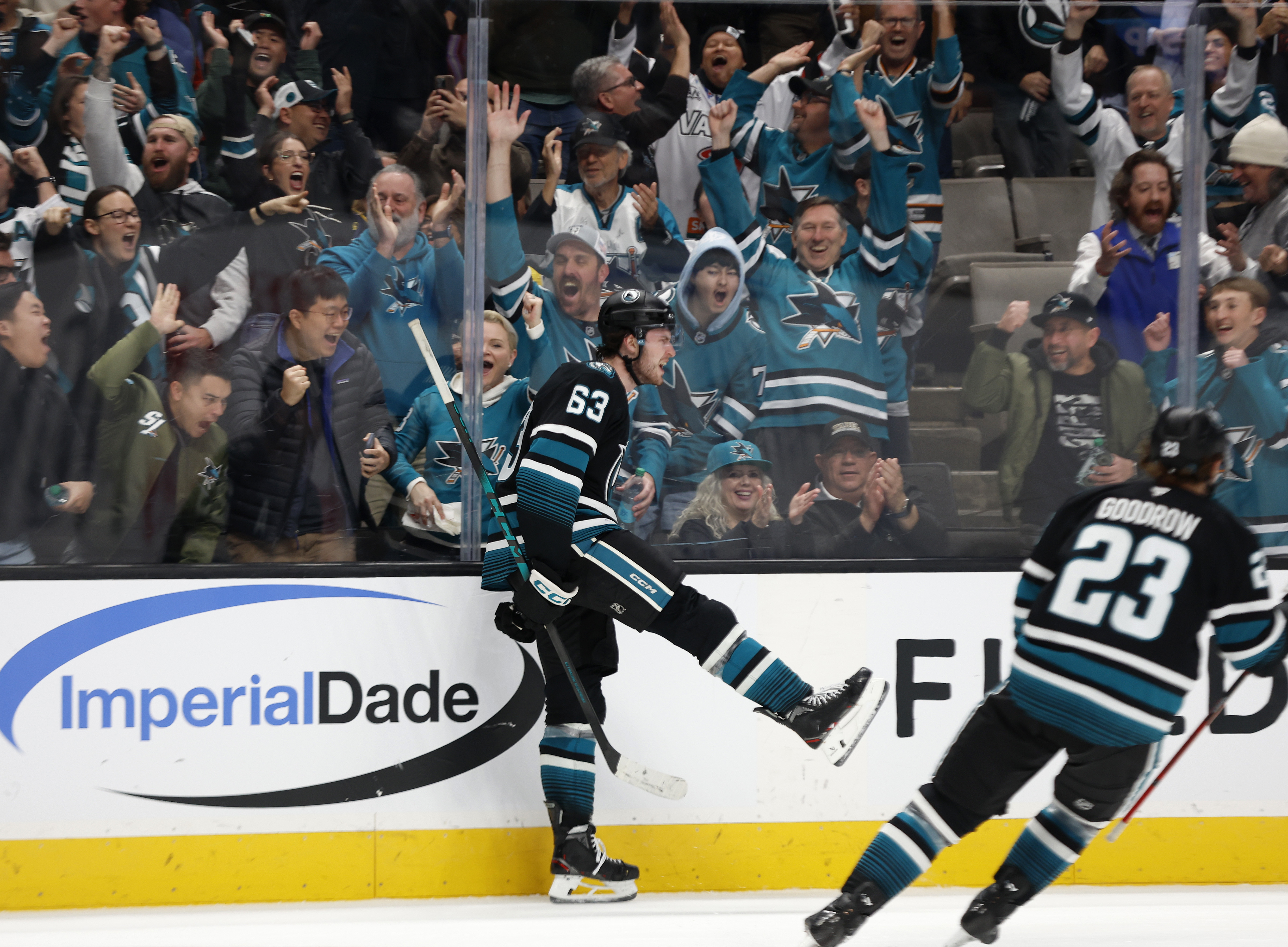 San Jose Sharks’ Zack Ostapchuk (63) celebrates his goal against...