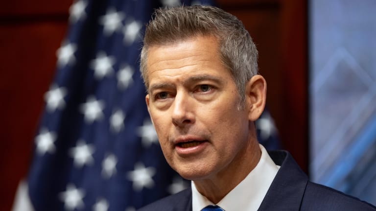 Transportation Secretary Sean Duffy speaks during a news conference at...