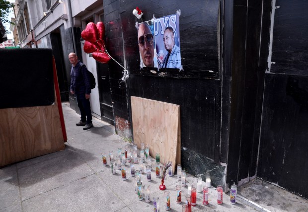 A memorial for a homicide victim in the 3400 block of MacArthur Boulevard in Oakland, Calif., on Sunday, May11, 2025. One man was killed and another man was wounded in a Dimond district shooting early Thursday, authorities said. (Jane Tyska/Bay Area News Group)