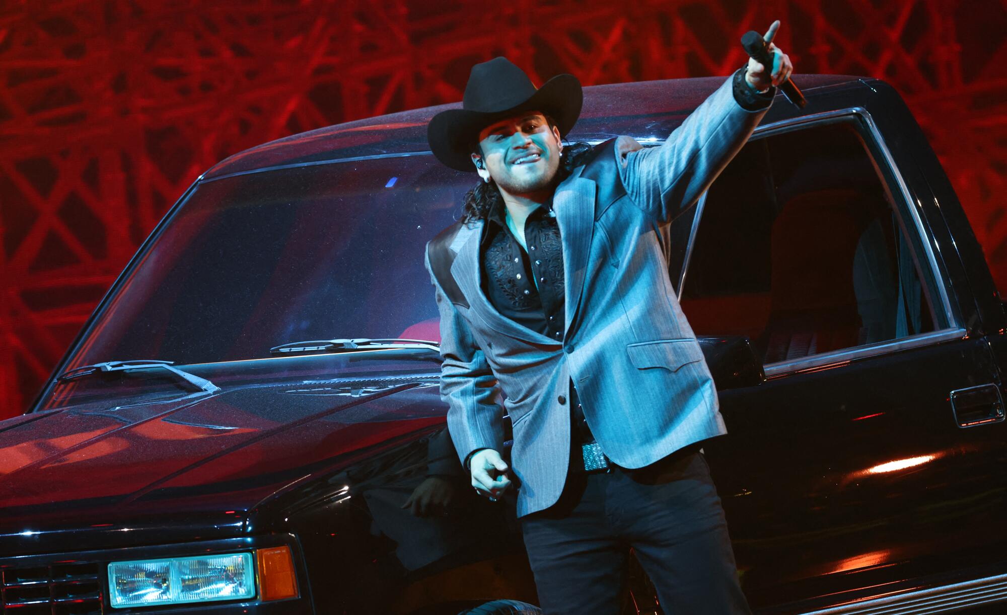 Mexican singer Jesus Ortiz Paz of Fuerza Regida performs onstage during the 26th Annual Latin Grammy Awards.