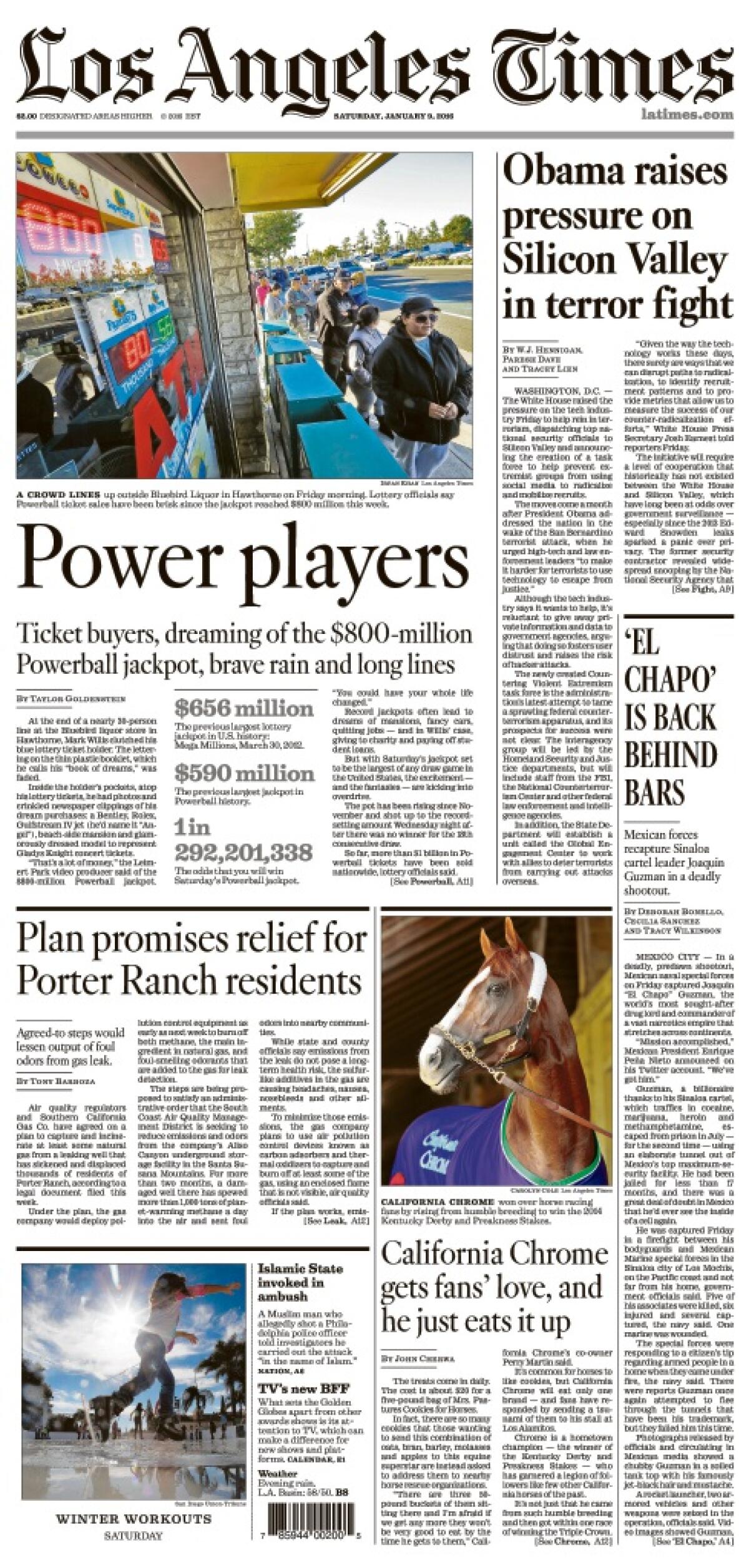 Front cover of the Los Angeles Times on Jan. 9, 2016.