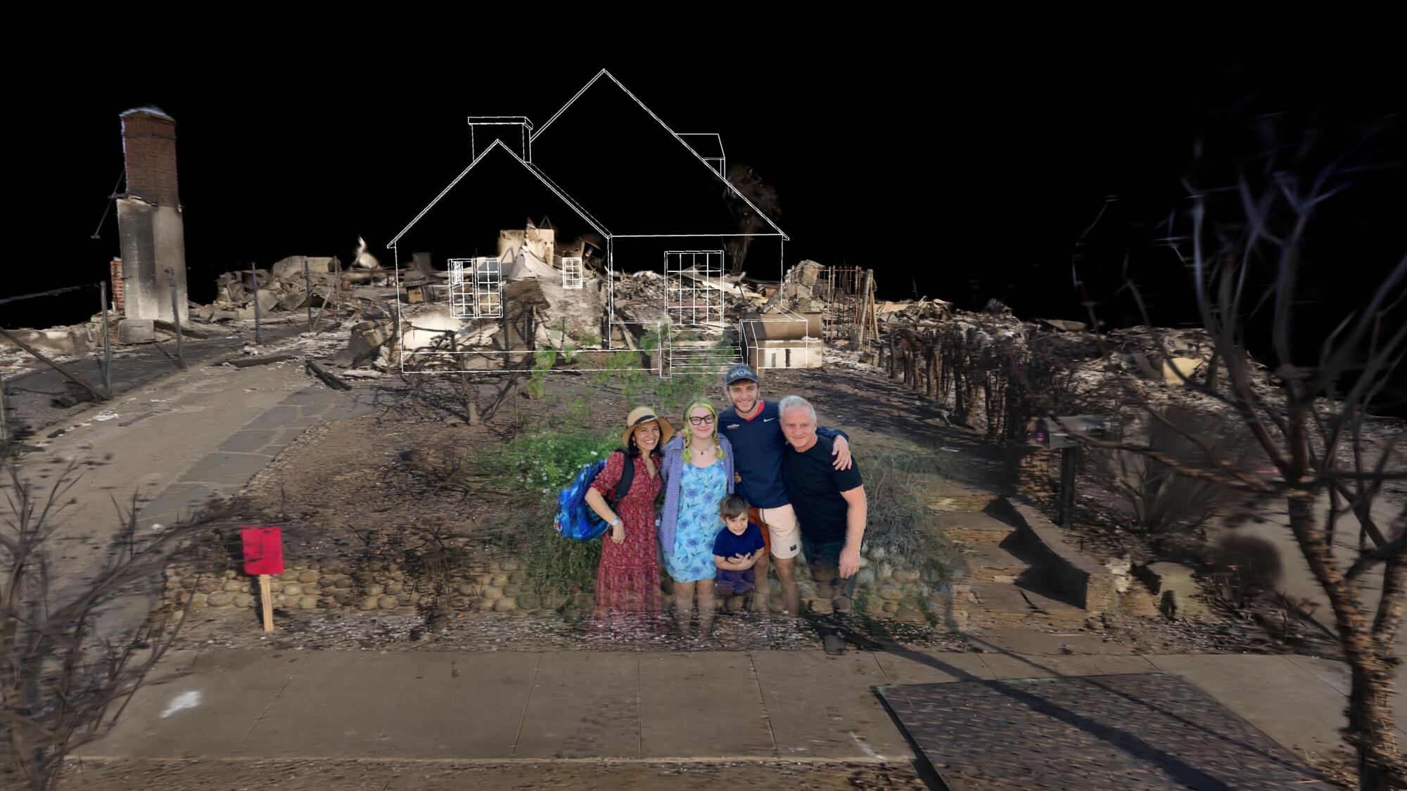 A family amid fire devastation in a VR film. 