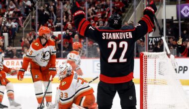 Chatfield scores 1st goal of season to help Hurricanes to a 5-2 win over the Ducks