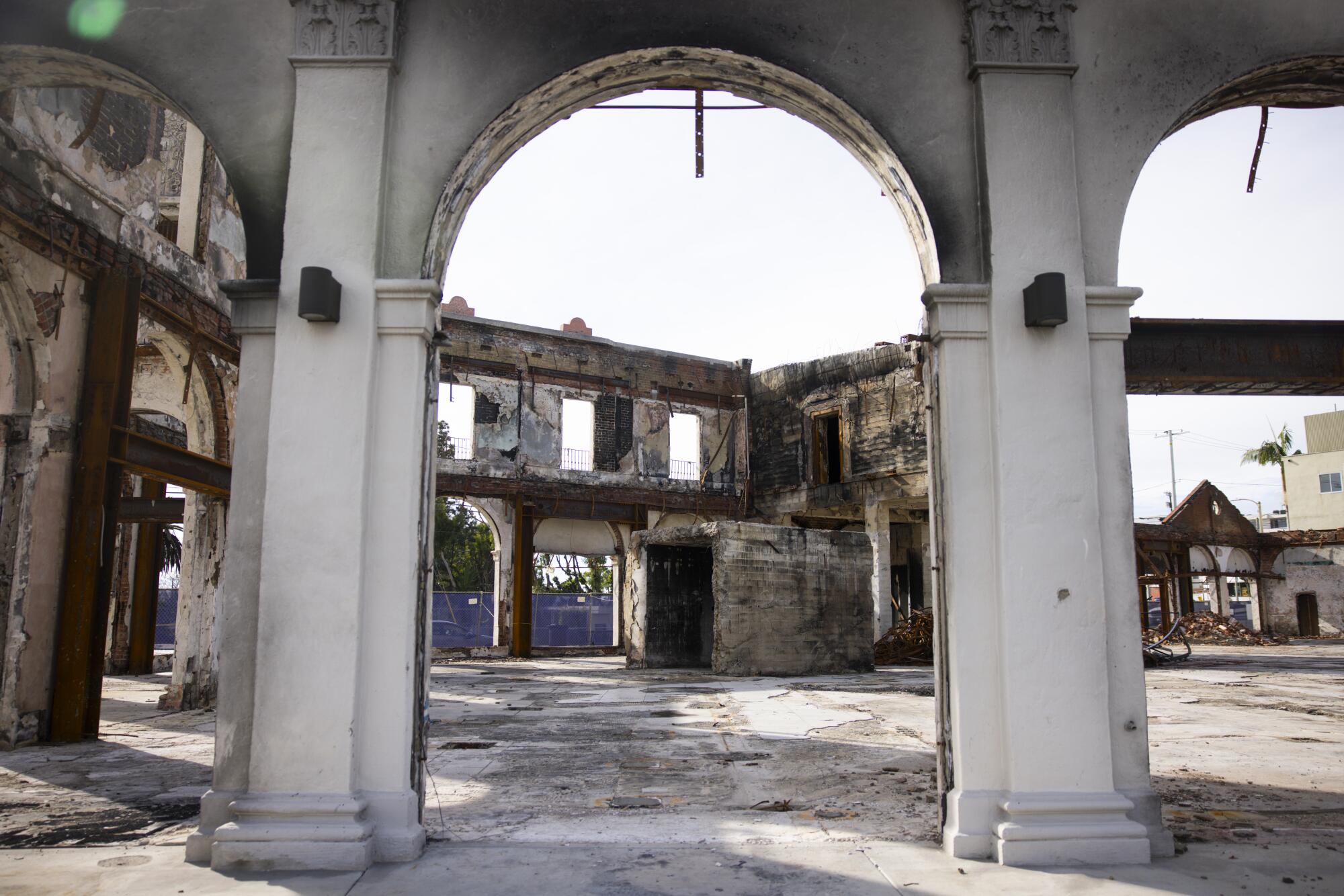 Remnants of the the Pacific Palisades Business Block, which was completed in 1924 and burned in the Palisades fire.