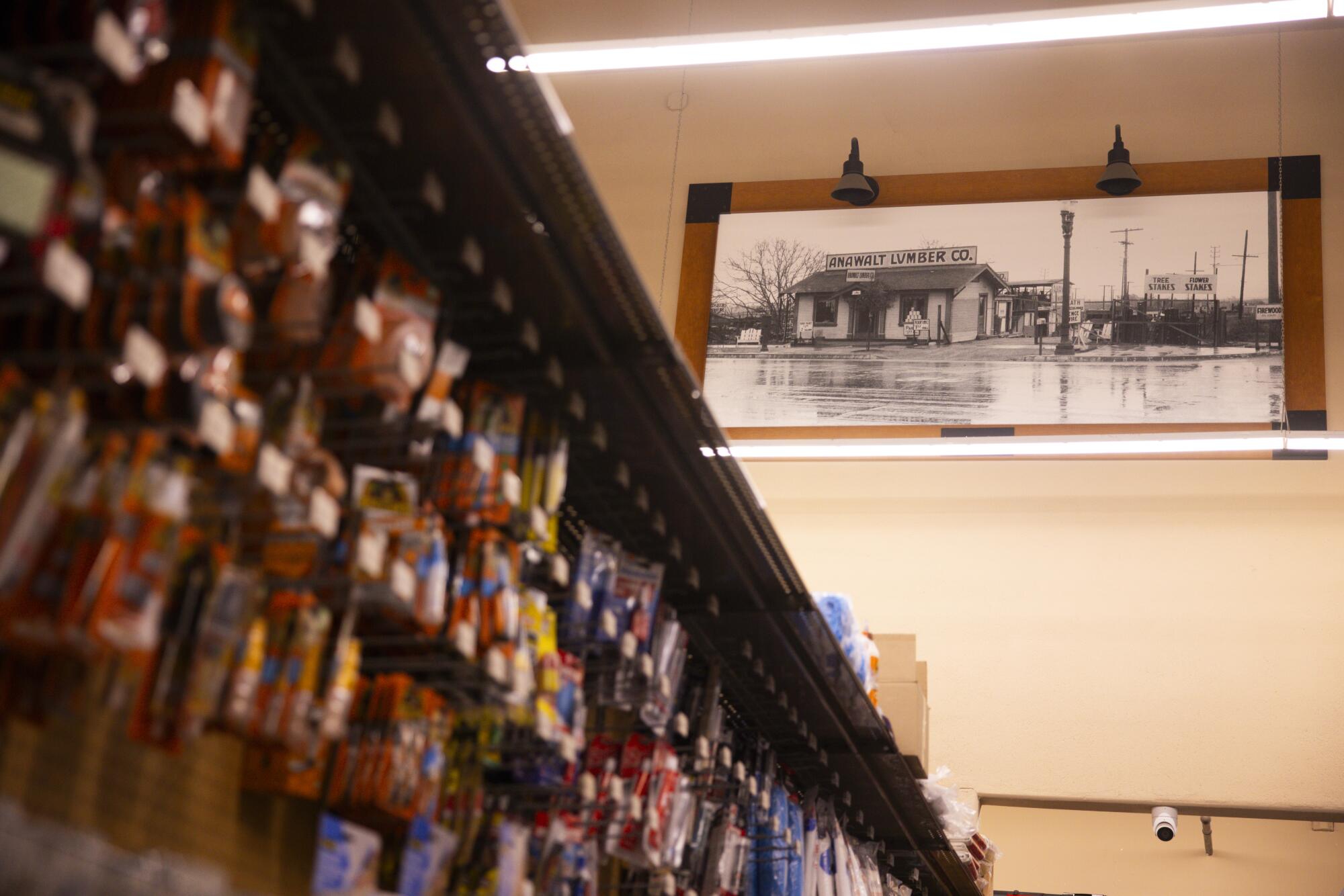 An archival image of the area in Pacific Palisades hangs over the aisles in Anawalt Palisades Hardware.
