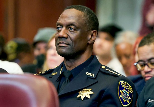 Oakland Police Chief Floyd Mitchell, left, looks on as Oakland Mayor Barbara Lee delivers the State of Oakland address at Oakland City Hall in Oakland, Calif., on Tuesday, Oct. 7, 2025. (Ray Chavez/Bay Area News Group)