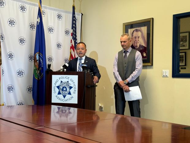Oakland police union President Huy Nguyen and Vice President Tim Dolan address the association's reasons for calling for Oakland Mayor Sheng Thao to resign during a press conference Tuesday, Aug. 6, 2024. (Sierra Lopez/staff)