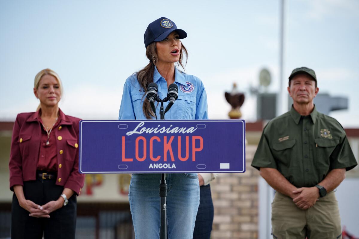 Attorney General Pam Bondi, Homeland Security Secretary Kristi Noem and Louisiana Governor Jeff Landry at a news conference