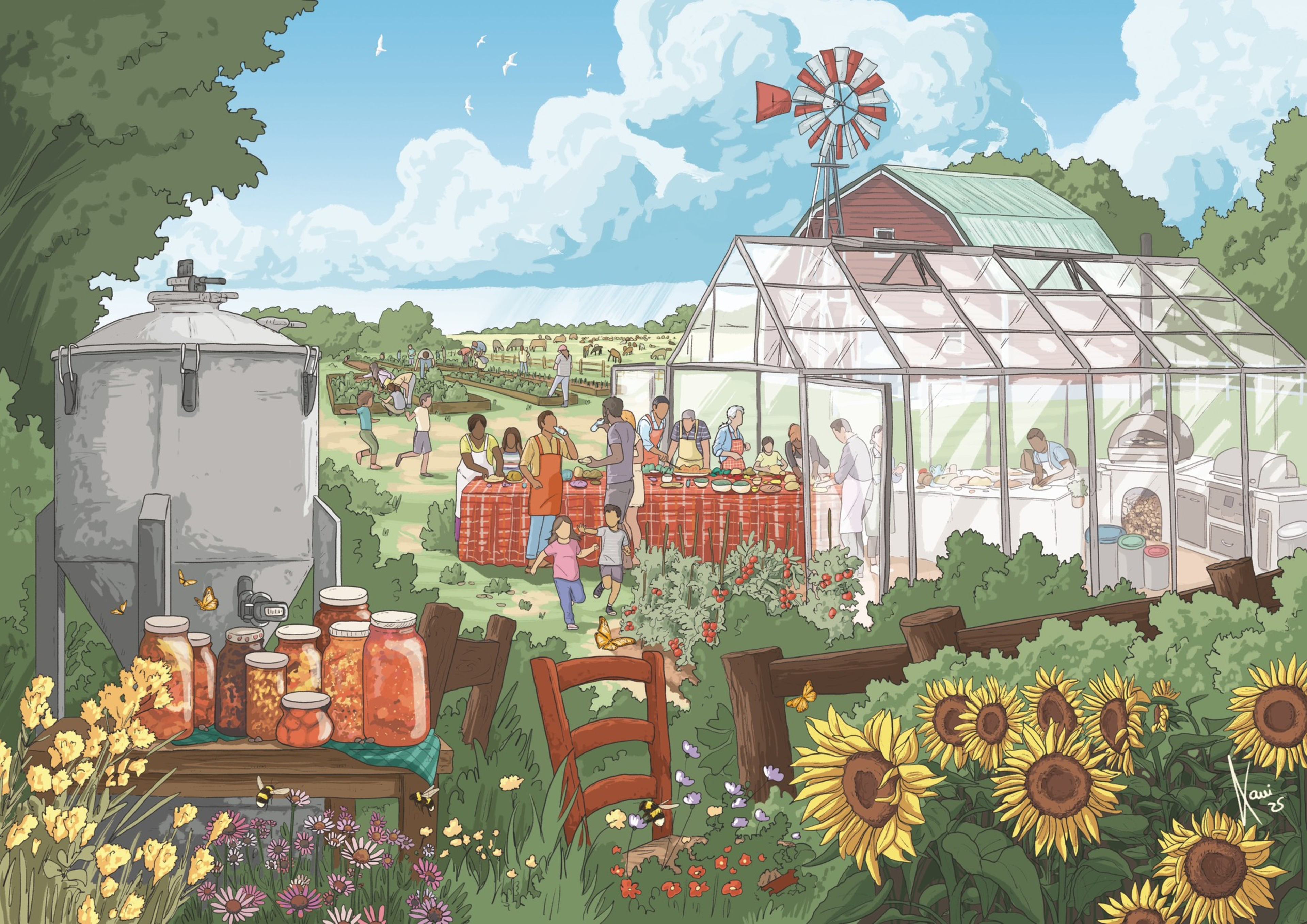People gather at a farm with a greenhouse, windmill, and barn, surrounded by sunflowers, wildflowers, and jars of preserves on a sunny day.