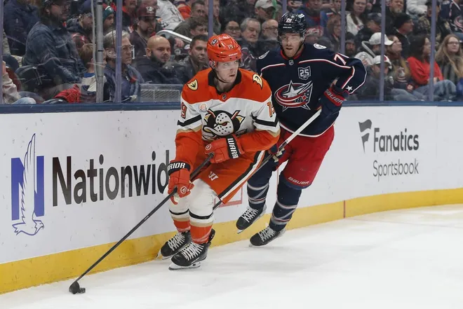 Dec 16, 2025; Columbus, Ohio, USA; Anaheim Ducks right wing Troy Terry (19) looks to pass as Columbus Blue Jackets defenseman Damon Severson (78) trails the play during the first period at Nationwide Arena.