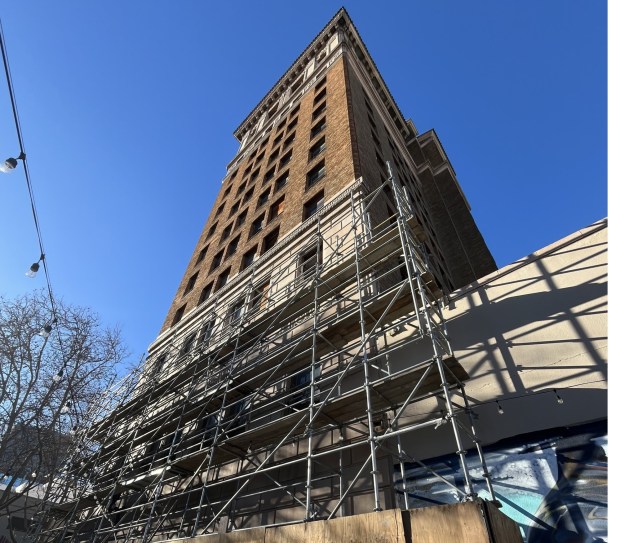 Scaffolds are visible next to the Bank of Italy historic tower at 12 South First Street in downtown San Jose, seen on Jan. 8, 2026.(George Avalos/Bay Area News Group)