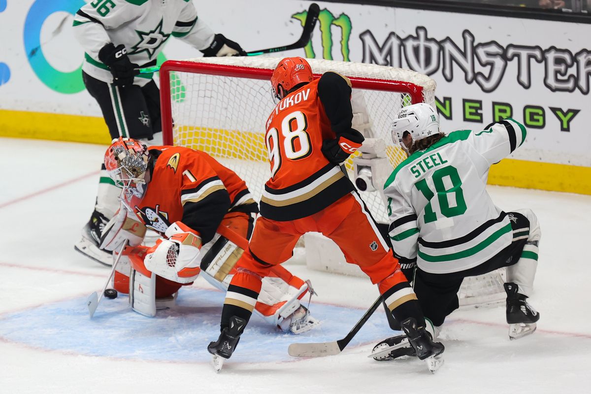 Anaheim Ducks goalie Lukas Dostal (1) makes a save during an NHL game against the Dallas Stars on January 13, 2026 in Anaheim, CA.