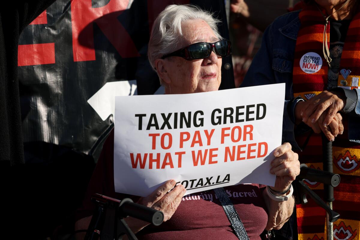 A woman holds a sign that reads, "Taxing greed to pay for what we need."
