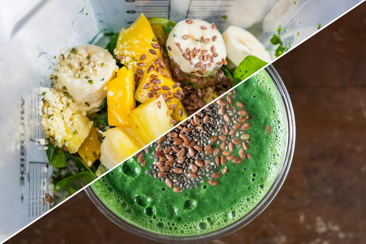 Ingredients for a smoothie and the finished smoothie.